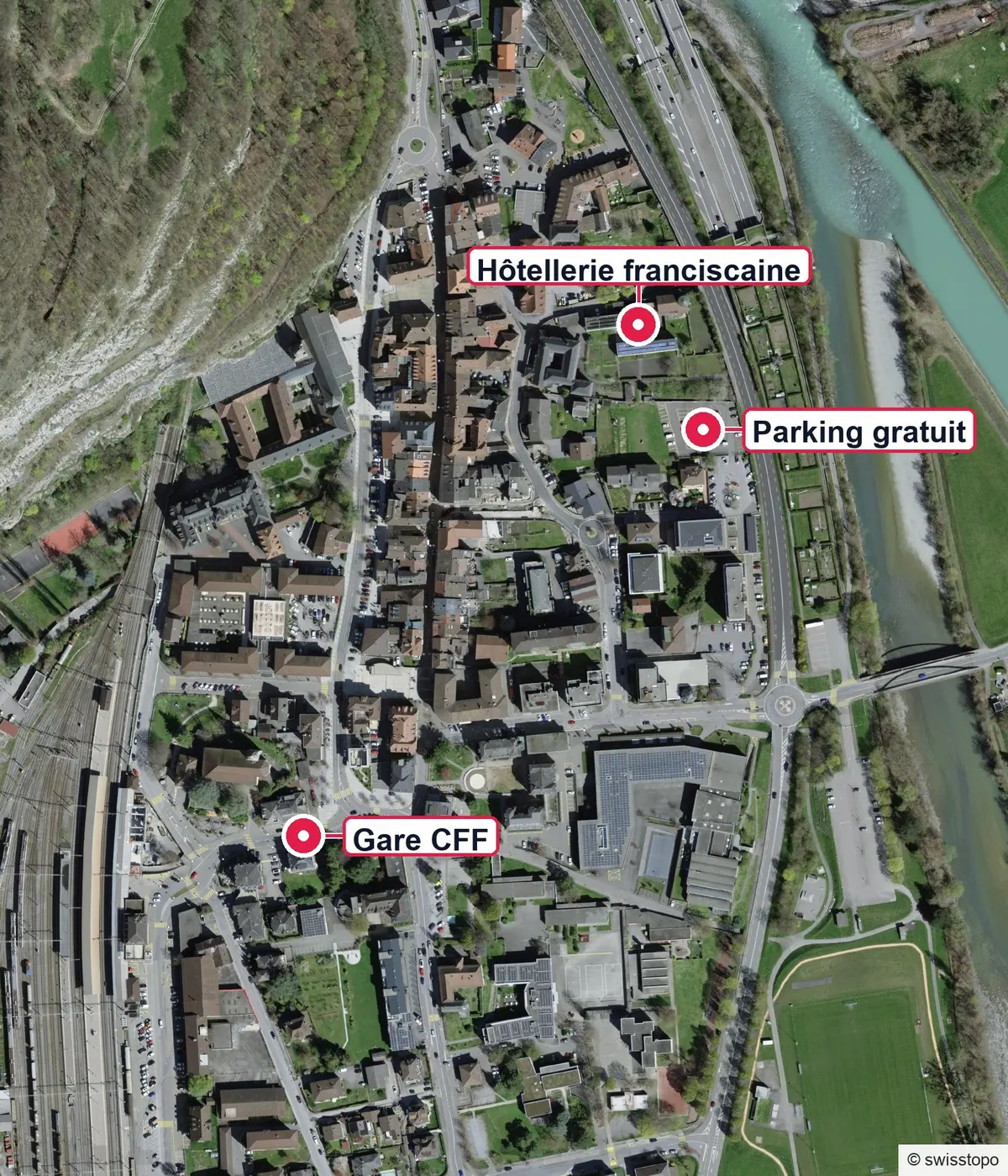 Plan de Saint-Maurice situant l’Hôtellerie franciscaine, le parking gratuit du chemin des Condémines et la gare CFF