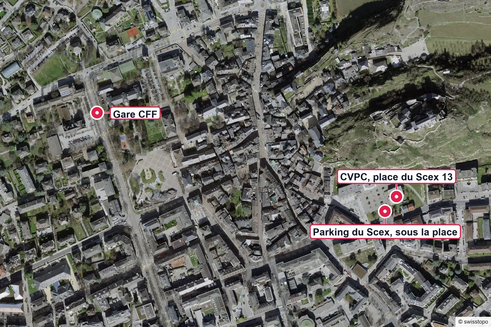 Plan de Sion situant le CVPC place du Scex, le parking du Scex et la gare CFF