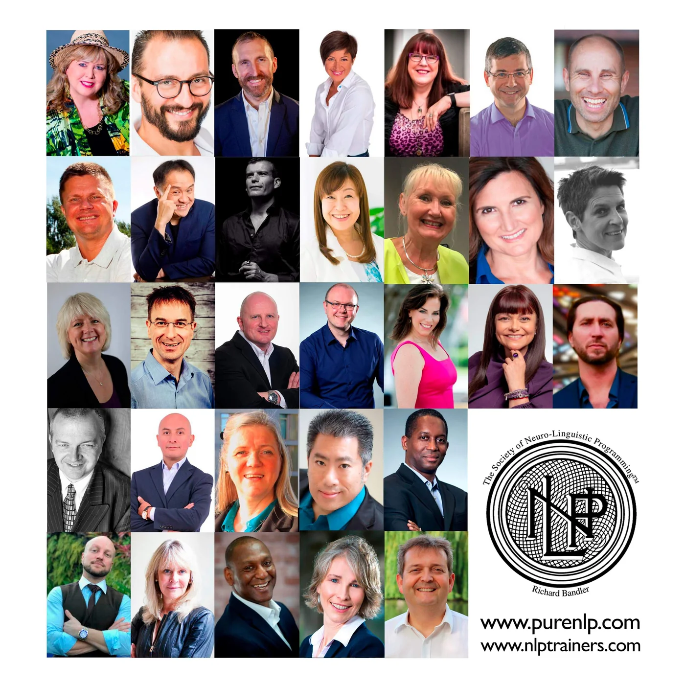Les portraits des formateurs et maîtres formateurs qui ont écrit le livre, avec le logo de The Society of NLP