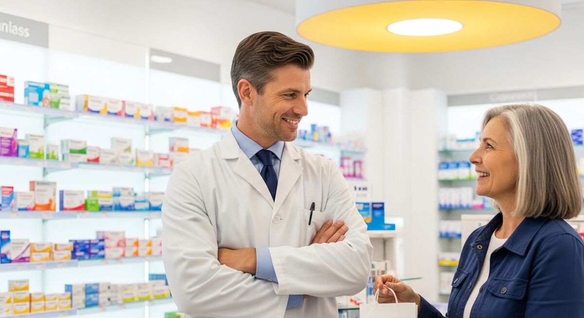 Pharmacien confiant en interaction avec un client
