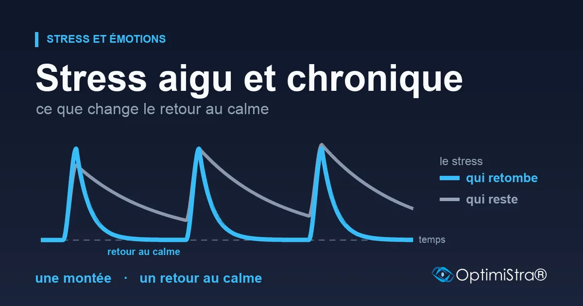 Deux courbes sur un même axe du temps, avec trois montées aux mêmes instants : en couleur, chaque montée retombe jusqu'à la ligne de calme avant la suivante ; en gris, la courbe redescend lentement et reste au-dessus de cette ligne.