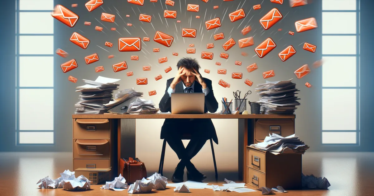 Dirigeant devant un écran d'ordinateur submergé par un flux de messages, illustrant la surcharge d'e-mails