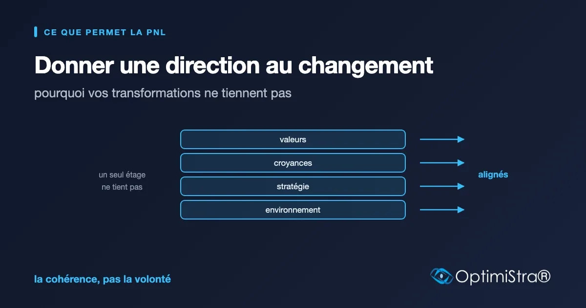 Quatre niveaux empilés — de bas en haut : environnement, stratégie, croyances et valeurs — dont les flèches pointent toutes dans la même direction