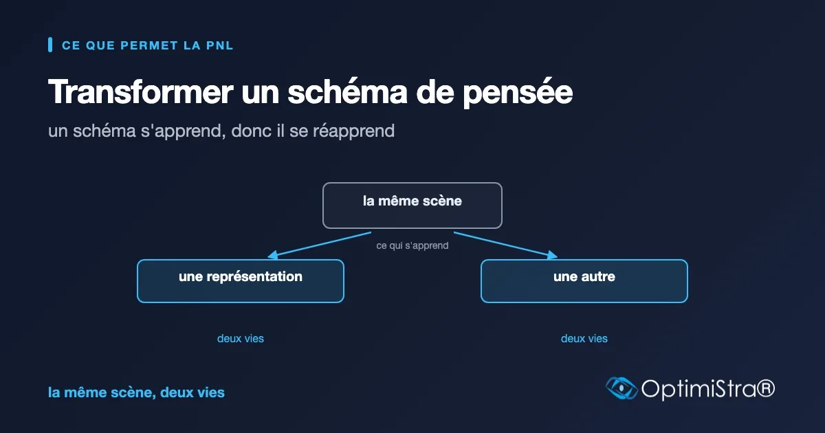 Schéma d'une même scène donnant naissance à deux représentations différentes puis à deux vies