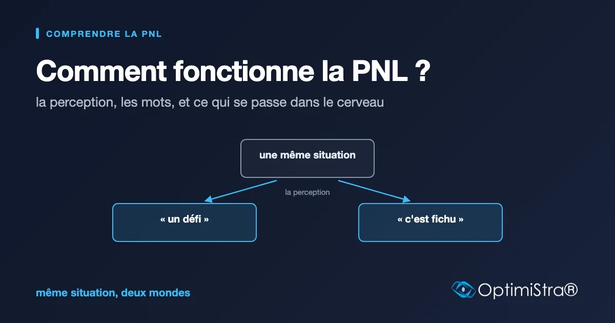 Schéma montrant une même situation qui se divise en deux perceptions opposées, un défi et un échec