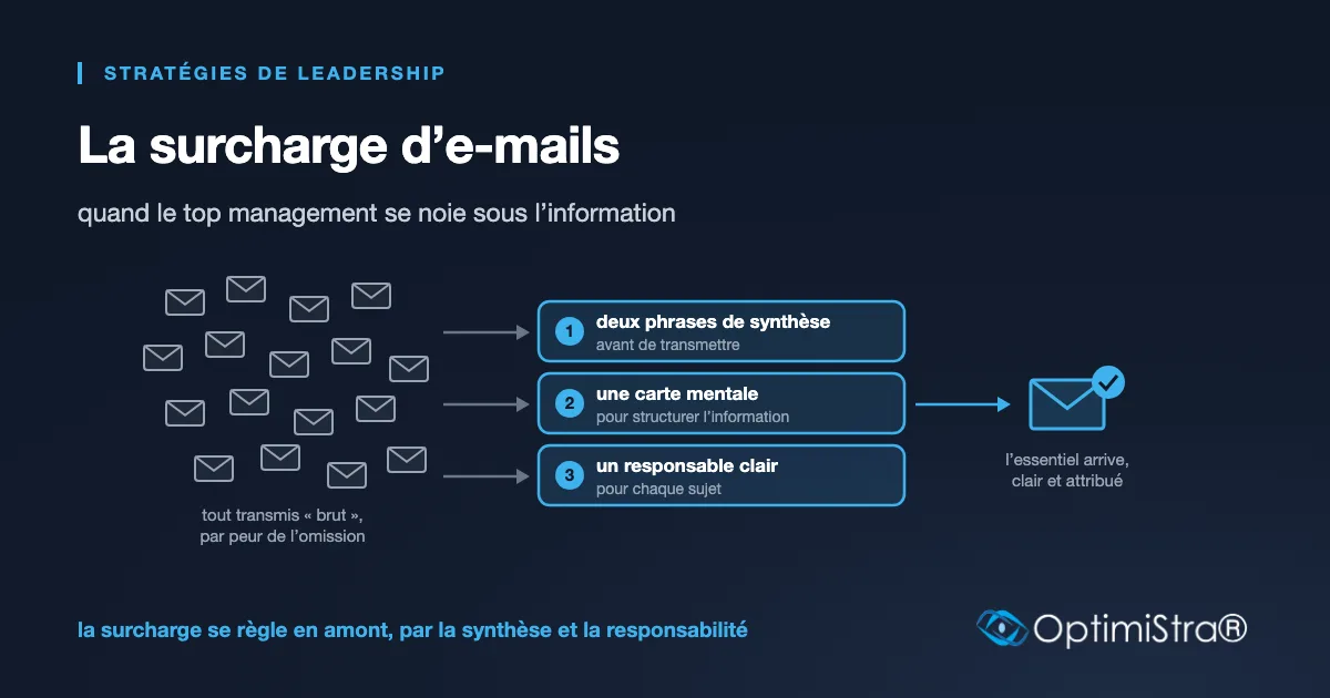 Schéma : une nuée d’e-mails filtrée par trois leviers, synthèse, carte mentale et responsable clair