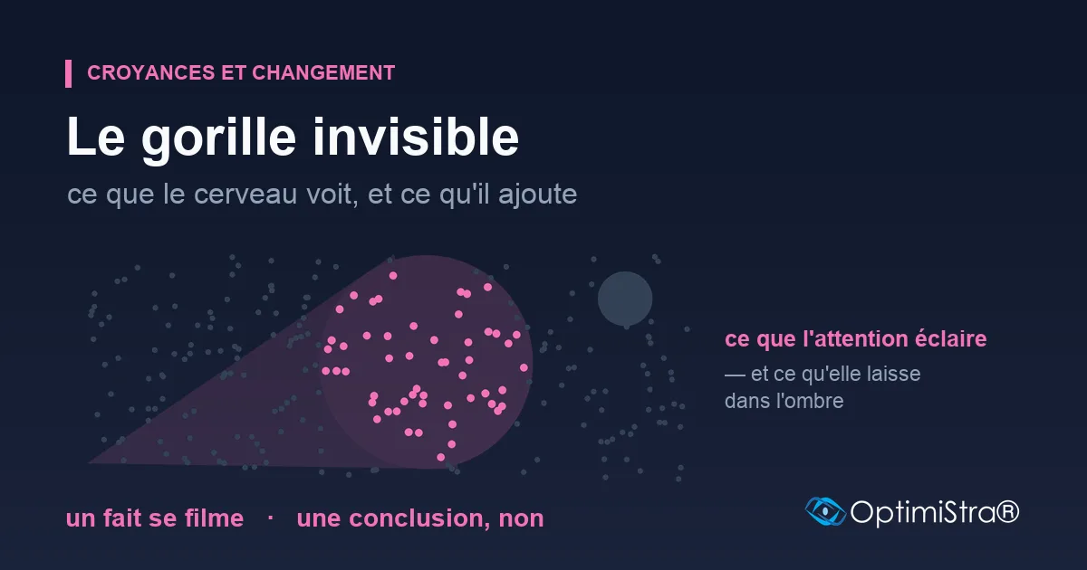 Un faisceau rose parti du bas à gauche éclaire un disque de points nets sur un fond sombre ; hors du faisceau, les points restent dans l'ombre, et un rond plus grand que les autres n'est pas éclairé.