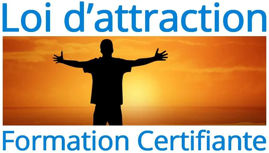 Bandeau de la formation certifiante Loi d’attraction : une silhouette bras ouverts devant un coucher de soleil