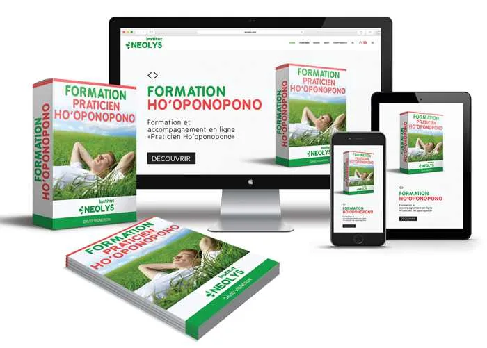 Coffret et écrans de la formation de praticien Ho’oponopono éditée par Neolys