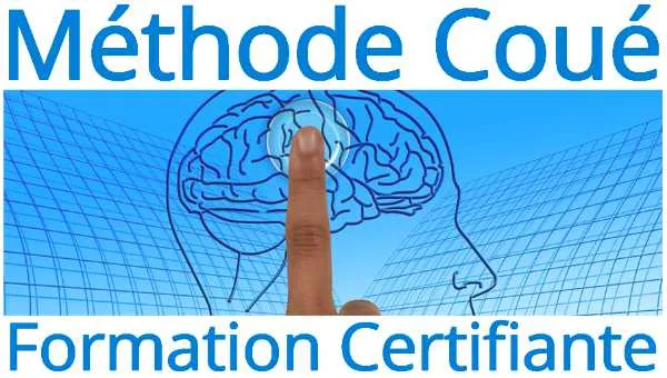 Bandeau de la formation certifiante Méthode Coué : un profil de visage sur un fond bleu quadrillé